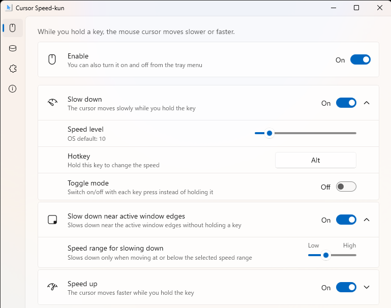 Settings window (Basic tab): slow-down options