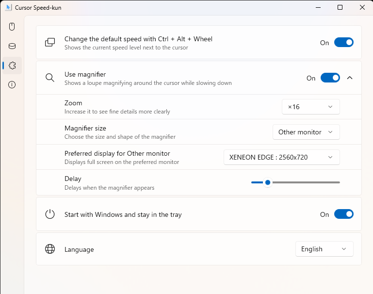 Settings window (Extras tab): magnifier options